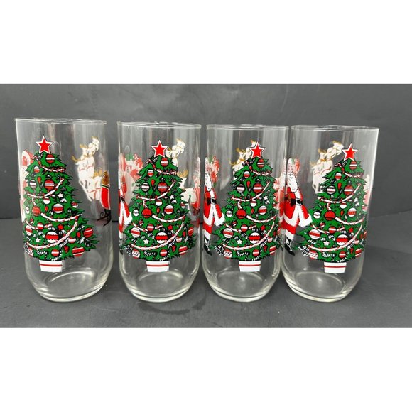 (4) LUMINARC DURAND Santa Cooler Tumbler Glasses 16 oz Christmas Tree Reindeer - Picture 3 of 10